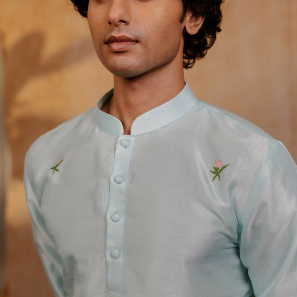 Falling Raw Silk Sea Green Vrindavan Lotus Kurta By Hilo Design