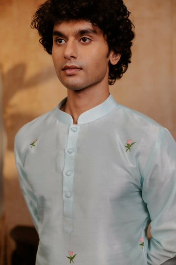 Falling Raw Silk Sea Green Vrindavan Lotus Kurta By Hilo Design - Distacart