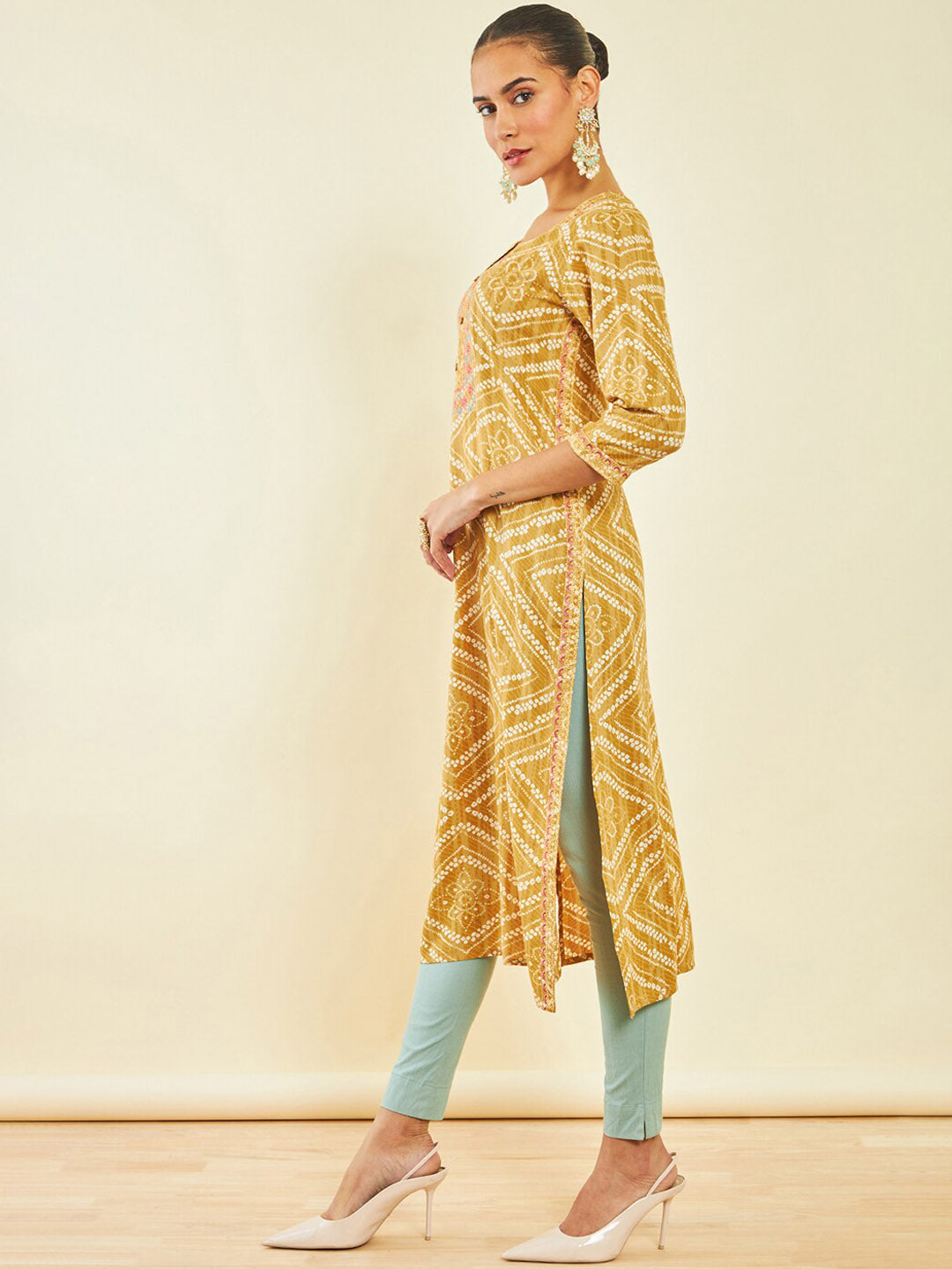 Soch Mustard Yellow Bandhani Printed Round Neck Thread work Regular Kurta - Distacart