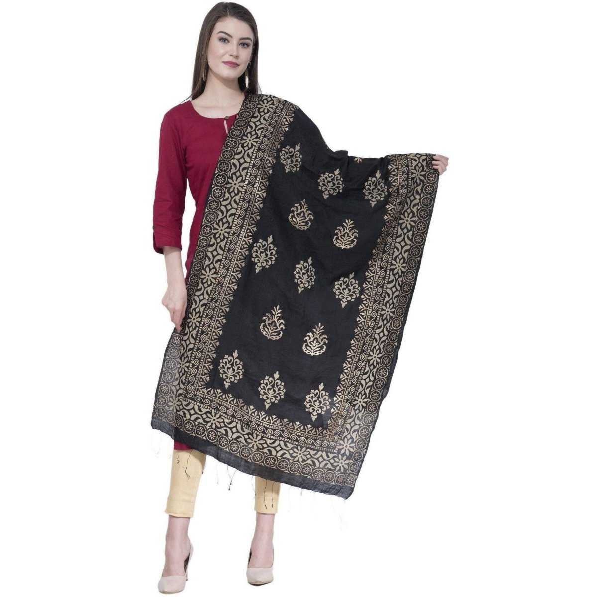 A R SILK Black Color Chanderi Gold Print Dupattas and Chunnis