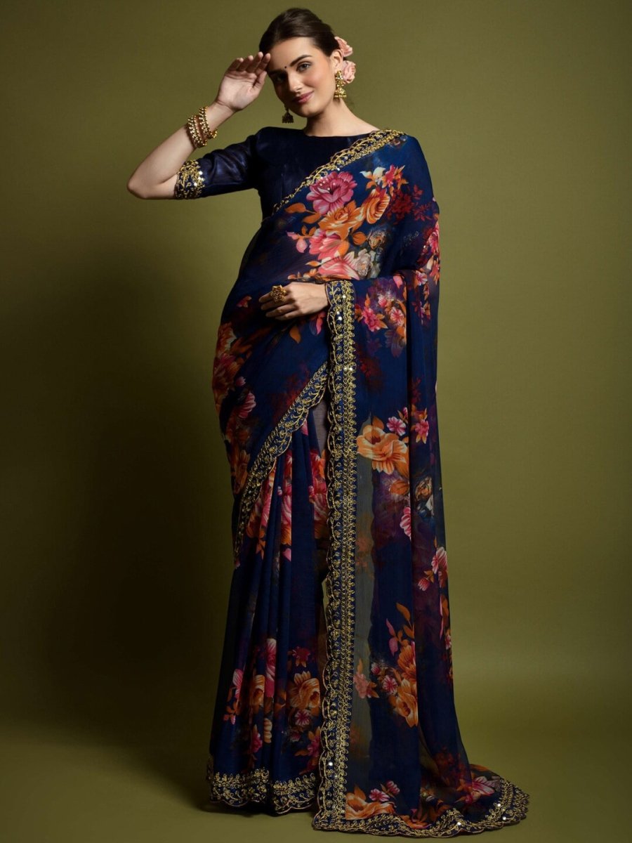 Anouk Navy Blue & Pink Floral Printed Embroidered Saree - Distacart