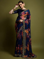 Thumbnail for Anouk Navy Blue & Pink Floral Printed Embroidered Saree - Distacart