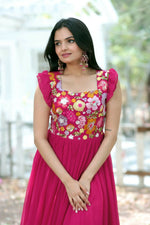 Thumbnail for Jyoti Fashion Women's Rani Pink Sequins Thread Embroidery Faux Blooming Anarkali Dress - Distacart
