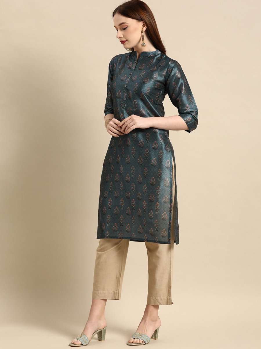 All About You Women Teal Blue Floral Block Print Mandarin Collar Chanderi Silk Blend Kurta - Distacart