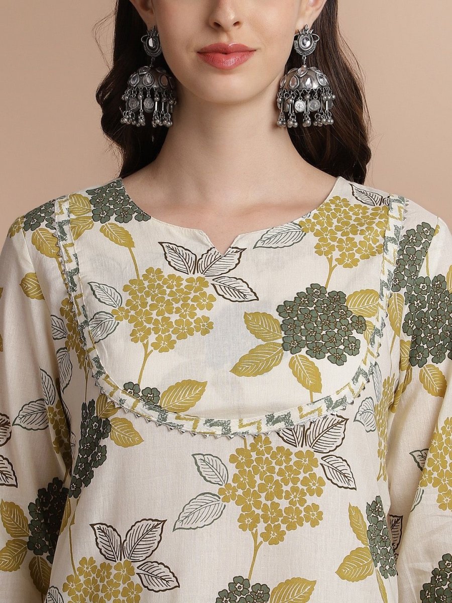 Anouk Off White Floral Printed Gotta Patti Detail Pure Cotton Straight Kurta With Trouser