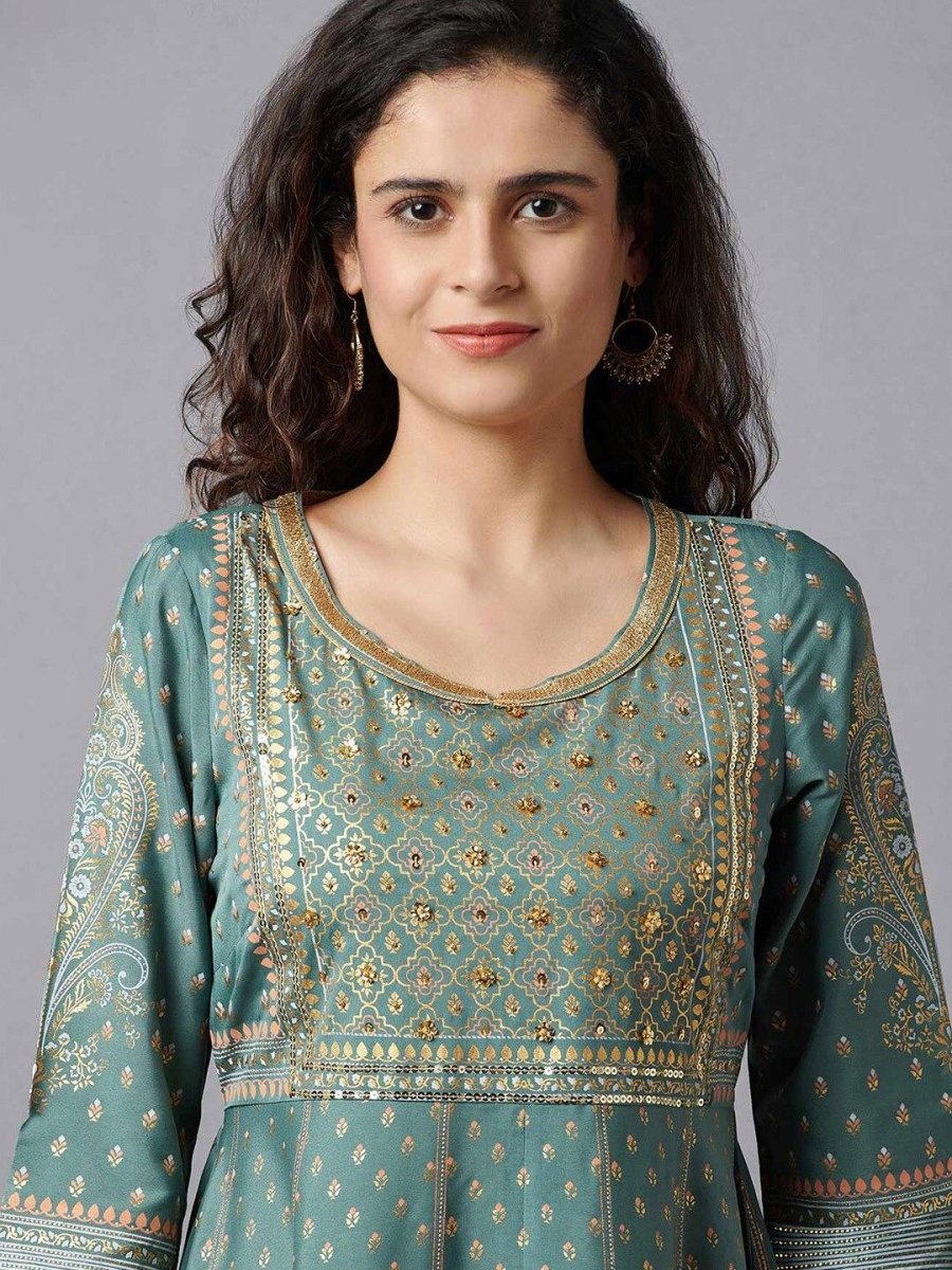AURELIA Green & Gold-Toned Ethnic Motifs Printed A-Line Midi Dress
