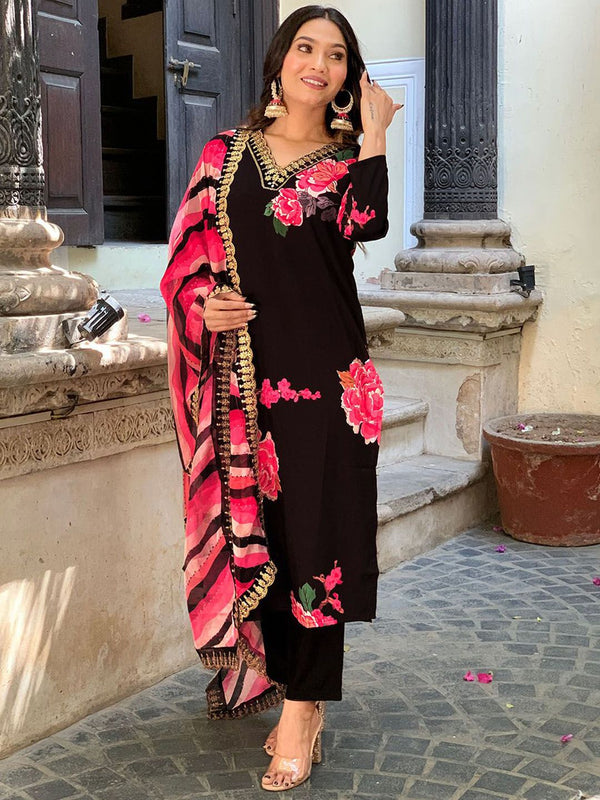 Kalini Floral Printed V-Neck Regular Gotta Patti Kurta ,Trousers & Dupatta - Distacart