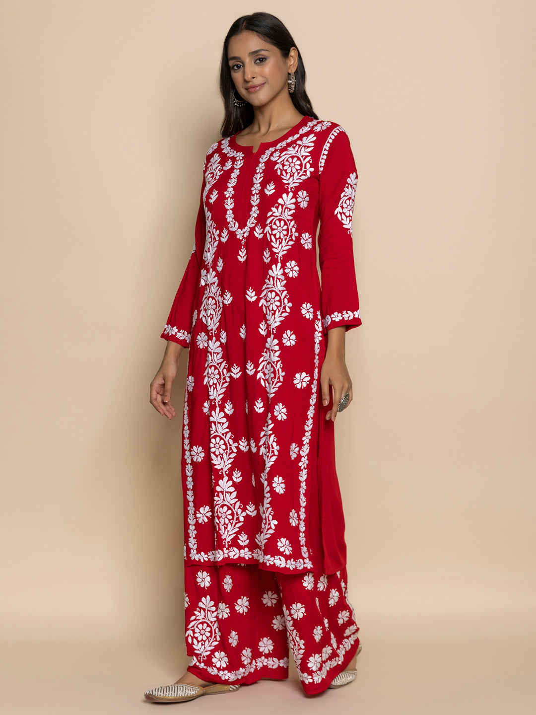 HOUSE OF KARI Floral Embroidered Chikankari Cotton A-Line Kurta - Distacart