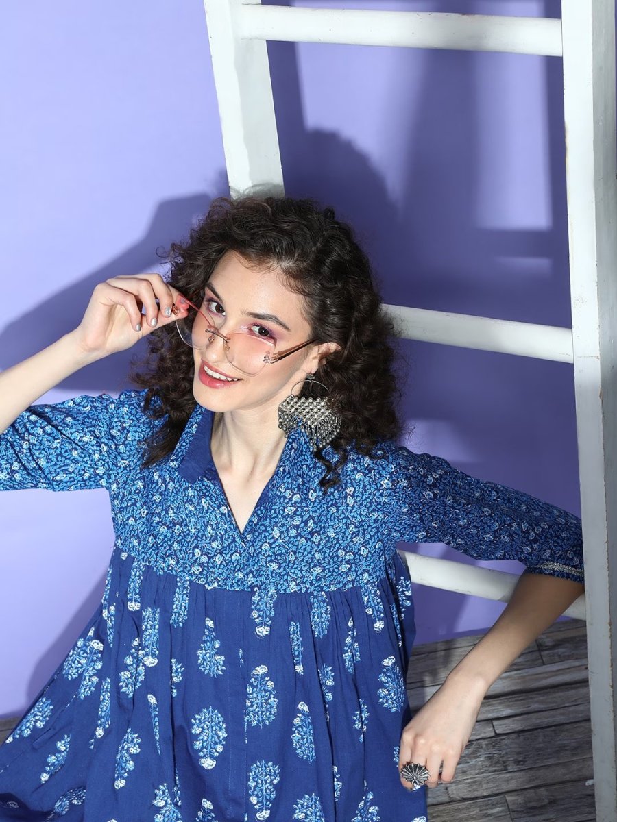 Ahalyaa Blue Pure Cotton Tunic & Palazzos Ethnic Co-Ords - Distacart