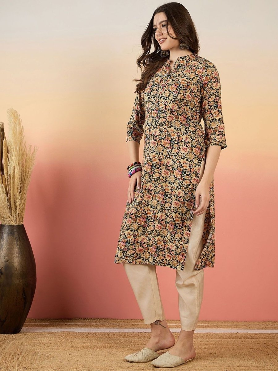 Anouk Floral Printed Mandarin Collar Straight Kurta