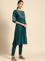 Thumbnail for All About You Women Green & Gold-Toned Embroidered Sequinned Kurta with Trousers & Dupatta - Distacart