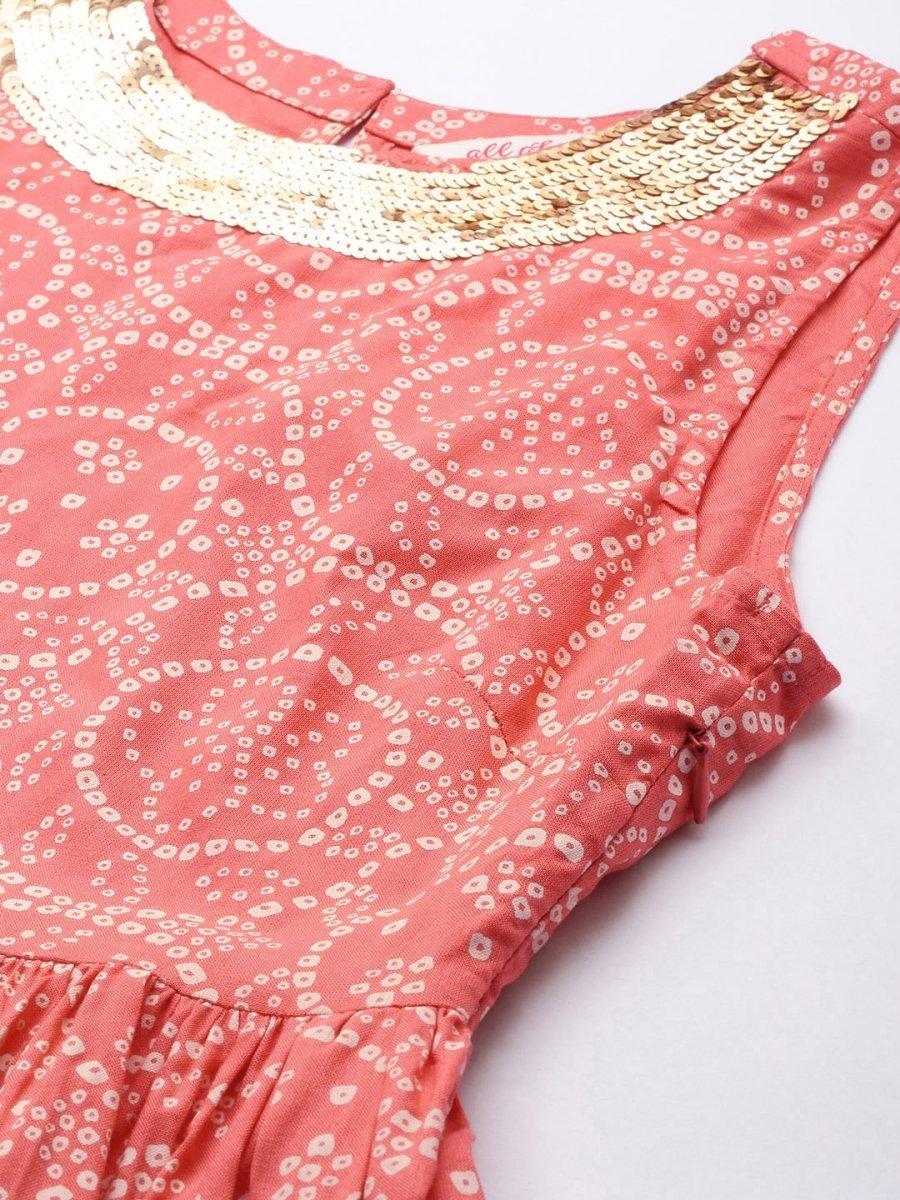 All About You Women Peach Pin & White Bandhani Print Pleated Sequinned Kurti with Palazzos - Distacart