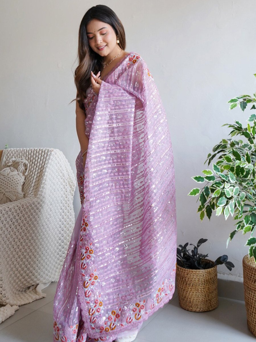Anouk Mauve-Coloured Ethnic Motifs Embroidered Sequinned Organza Saree - Distacart