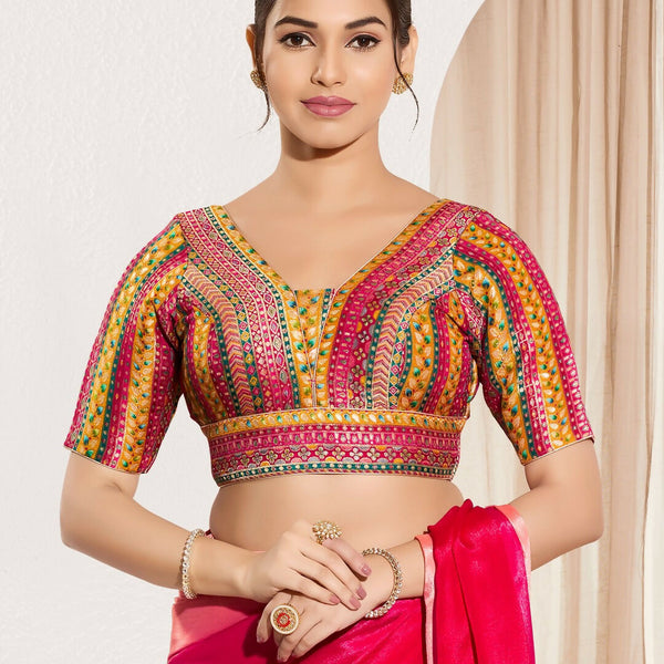 Joban Fashion Pink Multi Brocade Padded Blouse With V Neck Elbow Sleeves - Distacart