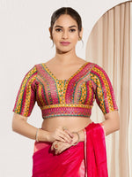 Thumbnail for Joban Fashion Pink Multi Brocade Padded Blouse With V Neck Elbow Sleeves - Distacart