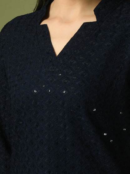 Myshka Women's Navy Blue Embellished Cotton Regular Party Tunic - Distacart