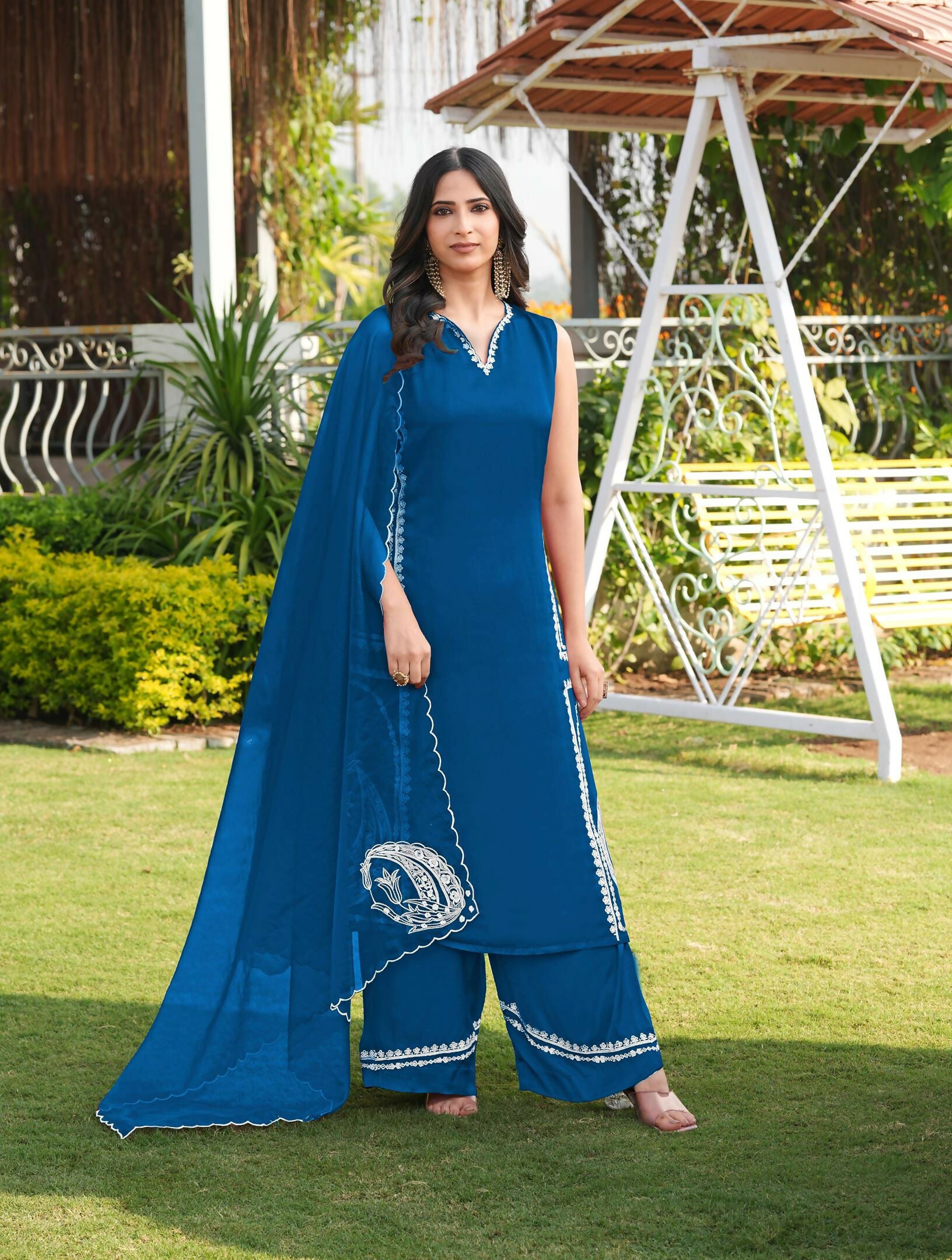 Nikhaar Royal Blue Embroidered Modal Silk Stitched Straight Cut Kurta Culottes Dupatta Readymade Suit - Dista