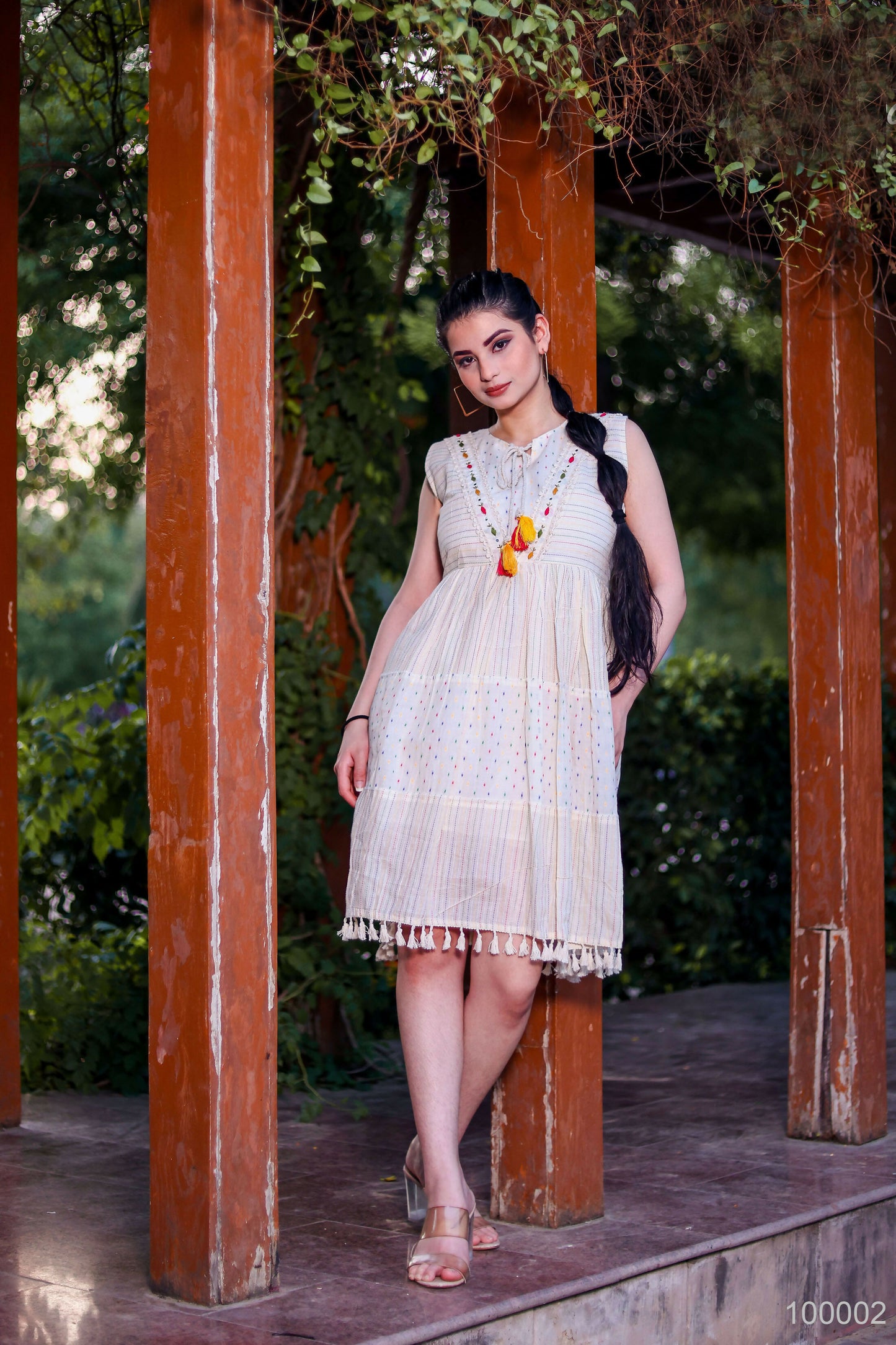 Aayaa Designer Multi Thread Hand Work Khadi Cotton One Piece Dress - Off White - Distacart