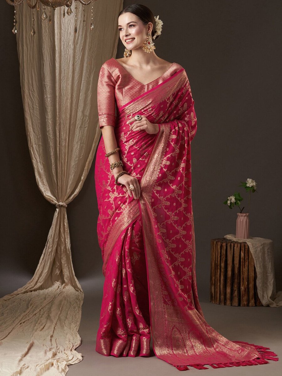 Anouk Pink & Gold-Toned Woven Design Zari Pure Georgette Kanjeevaram Saree - Distacart