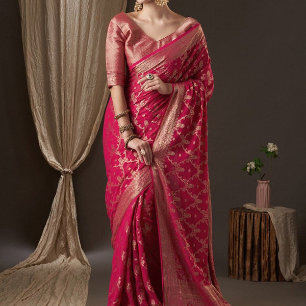 Anouk Pink & Gold-Toned Woven Design Zari Pure Georgette Kanjeevaram Saree - Distacart