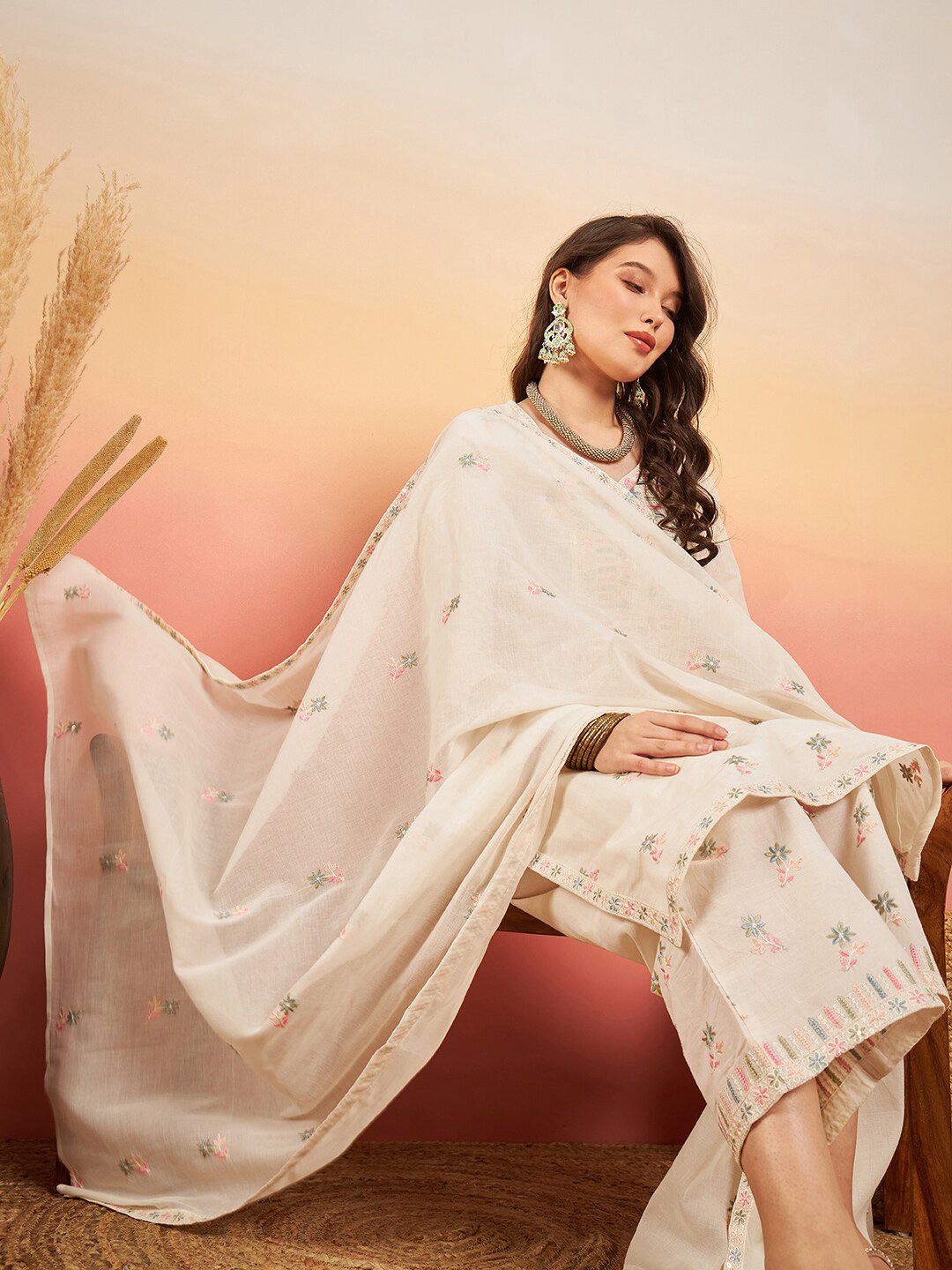 Sangria Floral Embroidered Pure Cotton Straight Kurta Set - Distacart