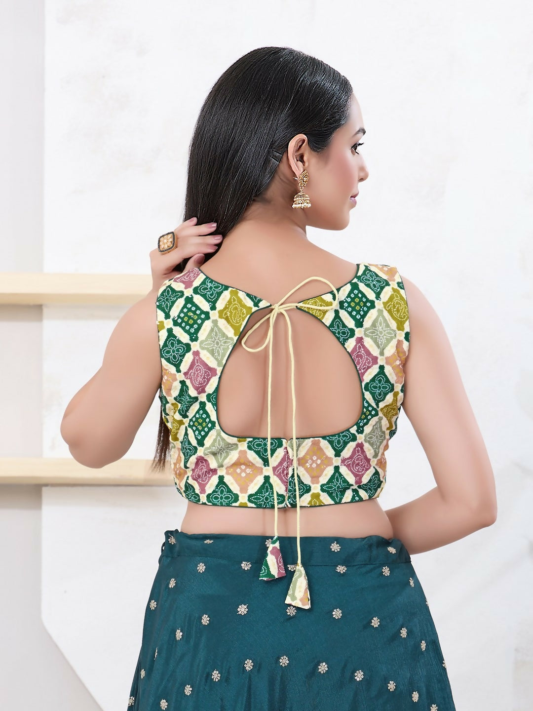 Joban Fashion Green Bandhani Sleeveless Back Open Blouse