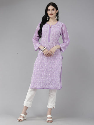 ADA Women Purple & White Ethnic Motifs Embroidered Chikankari Georgette Kurta - Distacart
