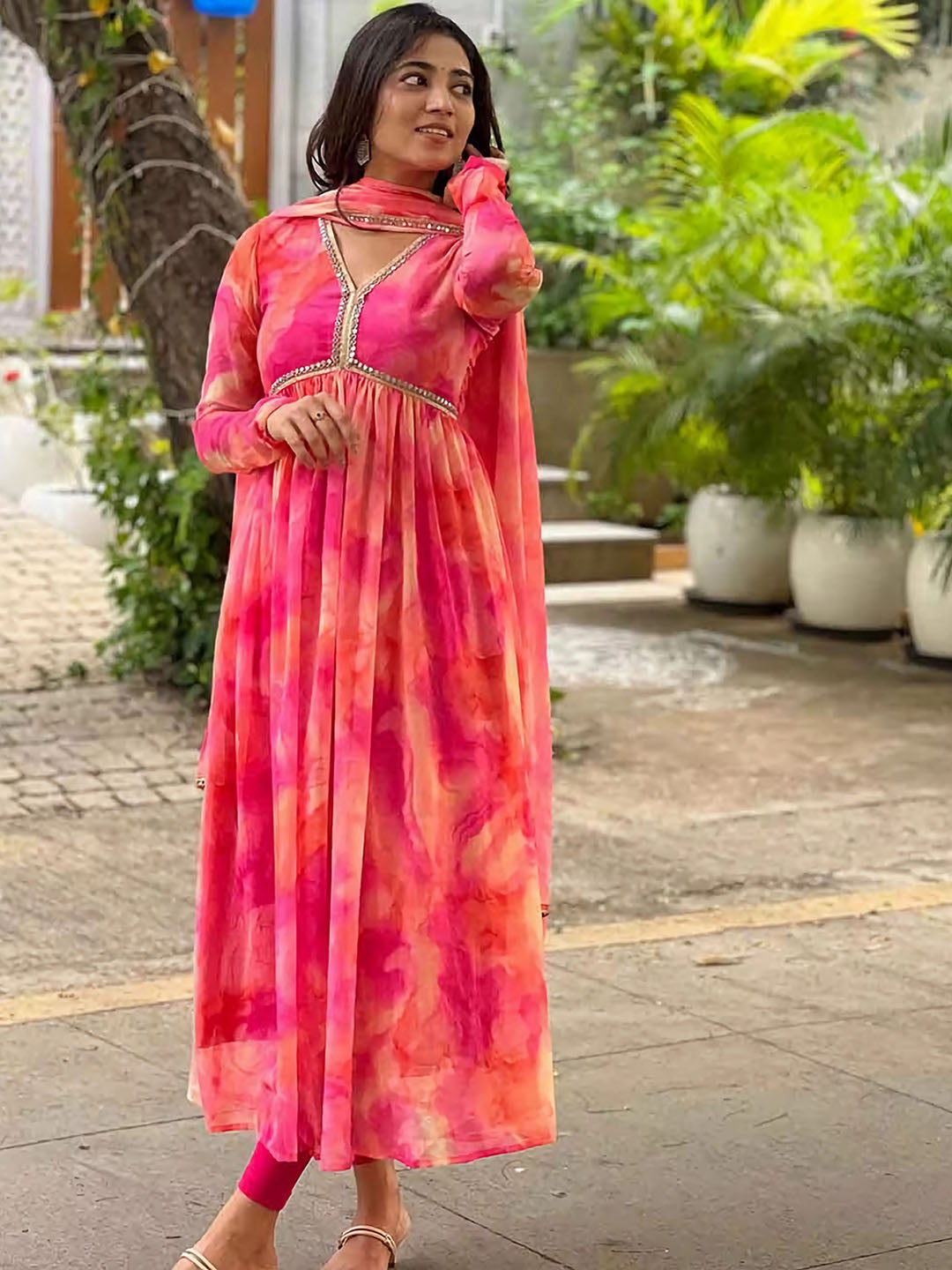 Kalini Ethnic Motifs Printed Pleated Mirror Work Empire Kurta with Trousers & Dupatta - Distacart