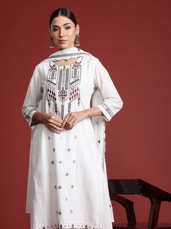 Indo Era Floral Embroidered Thread Work Pure Cotton Kurta with Trousers & With Dupatta