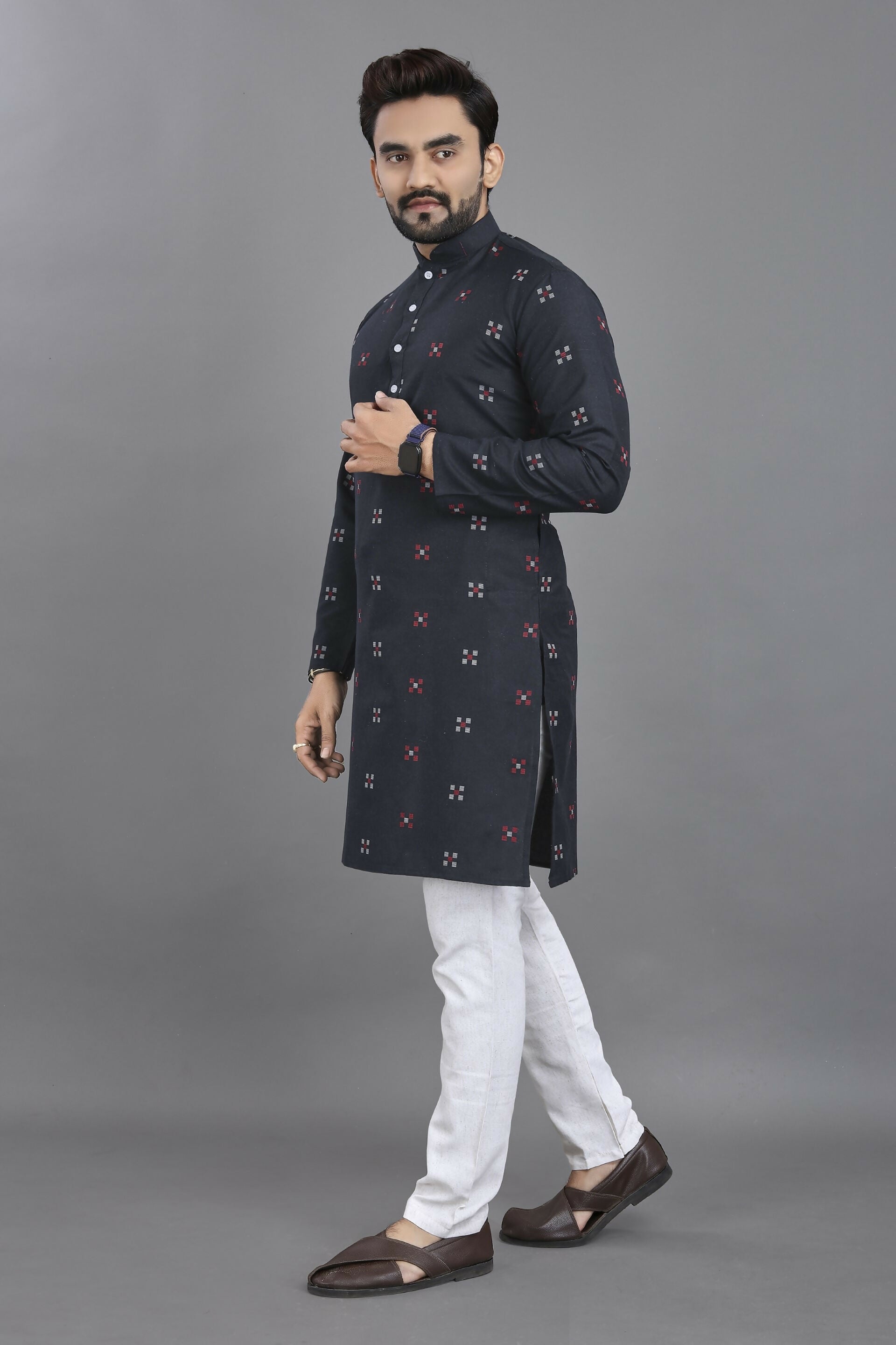 Anaita Navy Blue Weaving Linen Cotton Straight Kurta - Distacart