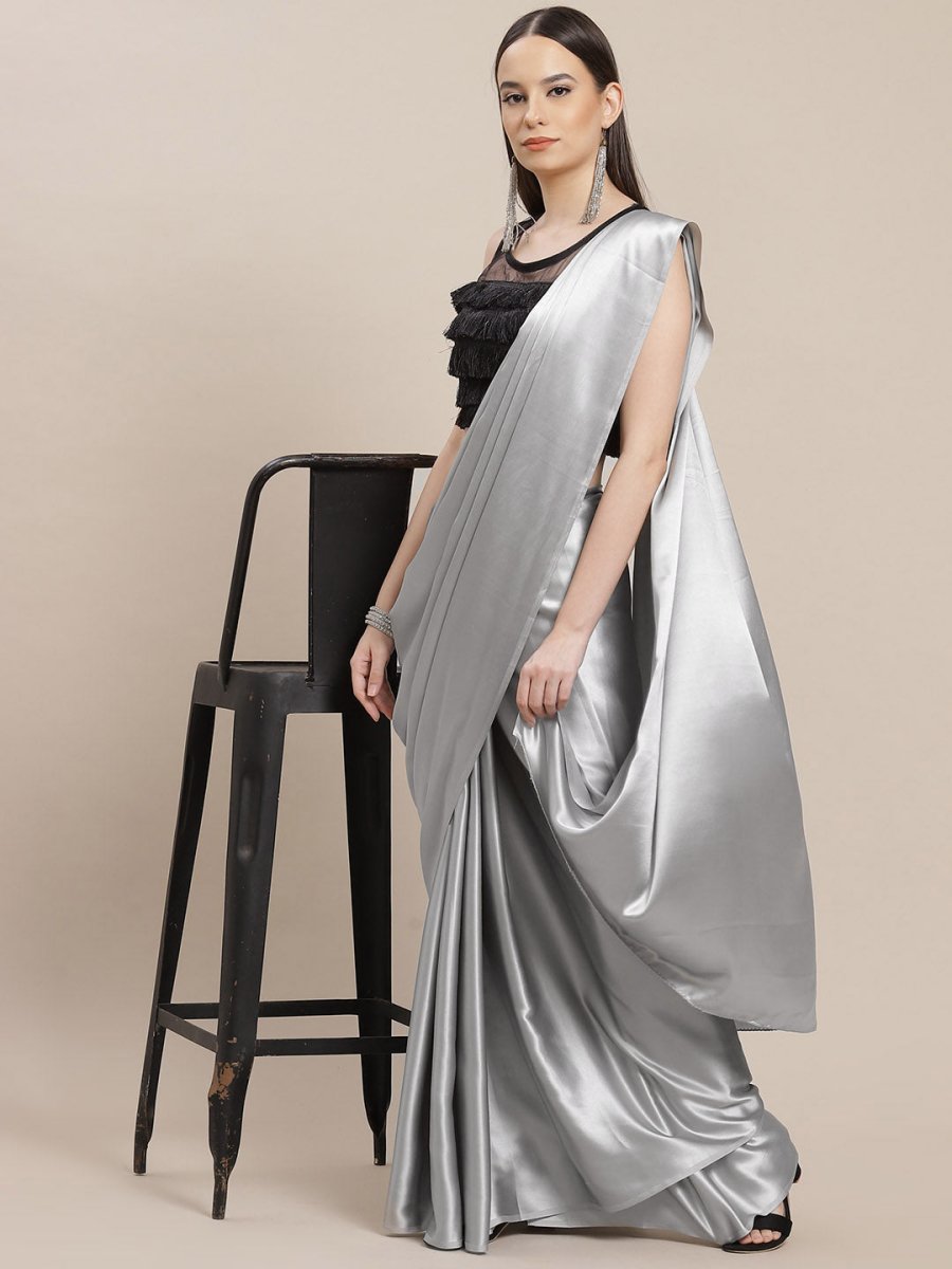 Anouk Grey Solid Satin Saree - Distacart