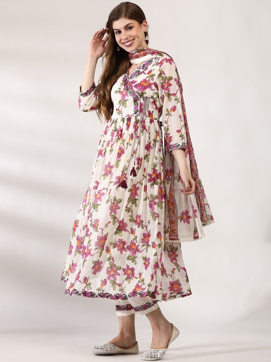 Anouk Floral Printed V-Neck Angrakha Thread Work Pure Cotton Kurta with Trousers & Dupatta
