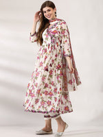 Thumbnail for Anouk Floral Printed V-Neck Angrakha Thread Work Pure Cotton Kurta with Trousers & Dupatta