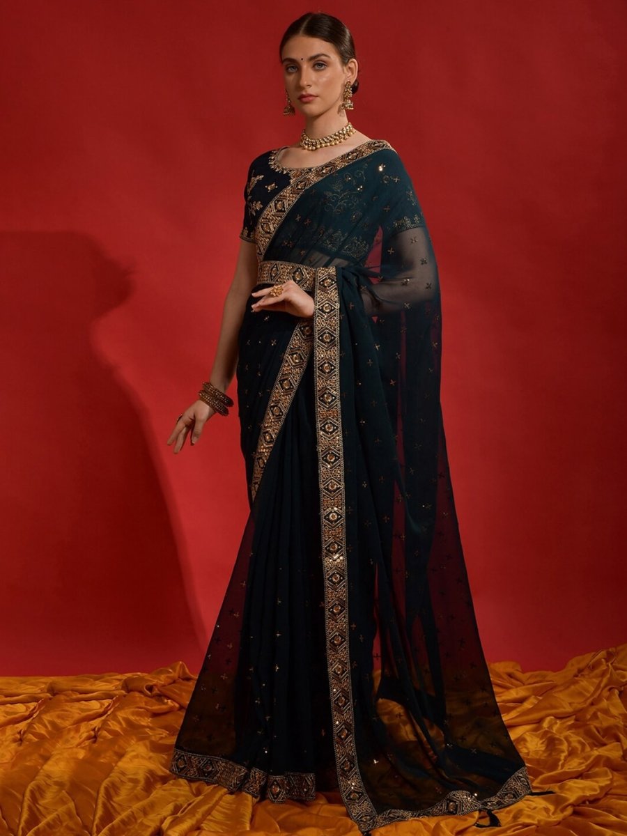 Anouk Teal & Gold-Toned Embellished Embroidered Pure Georgette Saree - Distacart