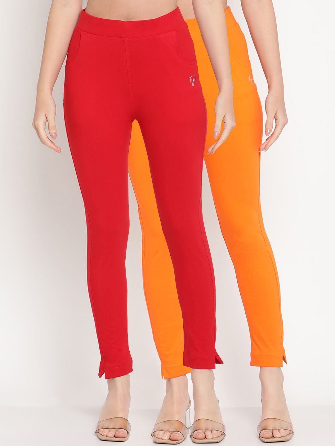 TAG 7 Set Of 2 Red & Orange Solid Leggings - Distacart