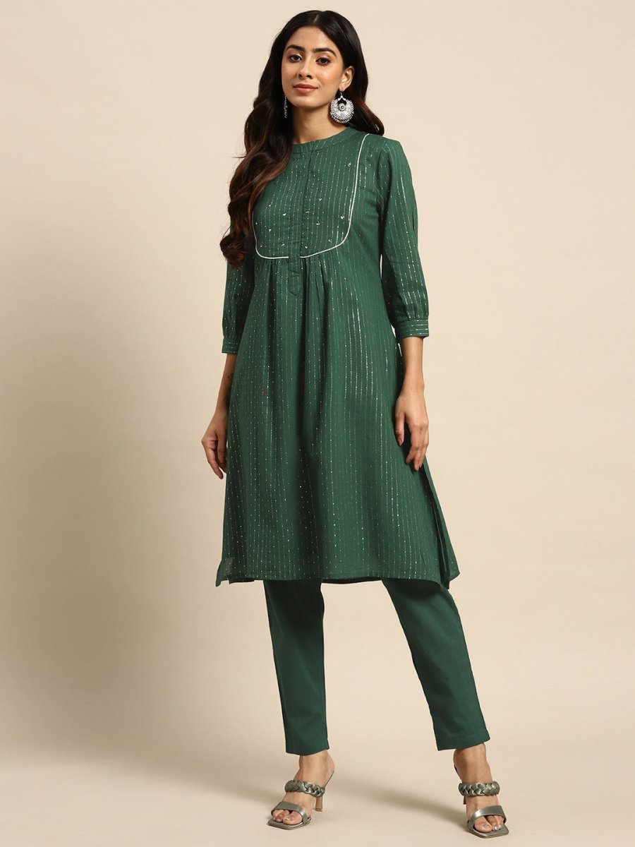 All About You Striped Pleated Sequinned Pure Cotton Kurta with Trousers - Distacart