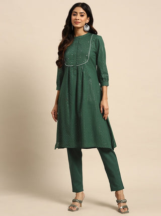 All About You Striped Pleated Sequinned Pure Cotton Kurta with Trousers - Distacart