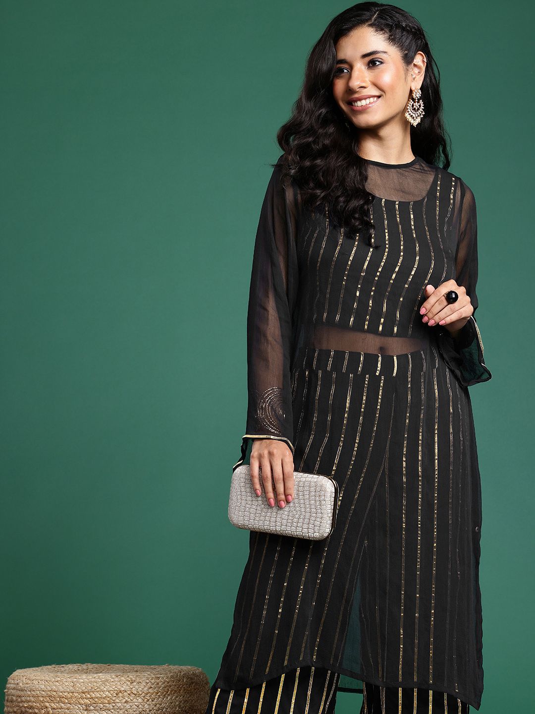 Sangria Lace Detailed Regular Pure Cotton Gotta Patti Top with Palazzos & Semi Sheer Kurta - Distacart