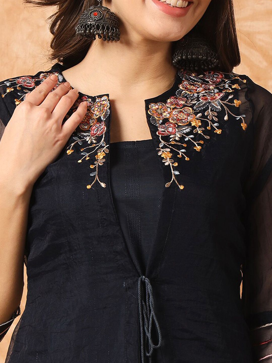 Kalini Floral Embroidered Layered A-Line Kurta with Trousers & Jacket - Distacart