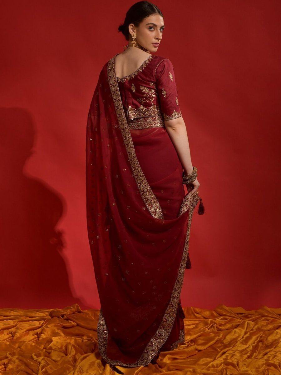 Anouk Maroon Embellished Sequinned Pure Georgette Saree - Distacart