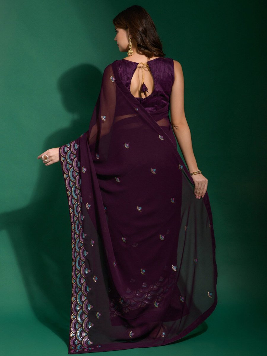 Anouk Purple & Blue Embellished Sequinned Saree - Distacart