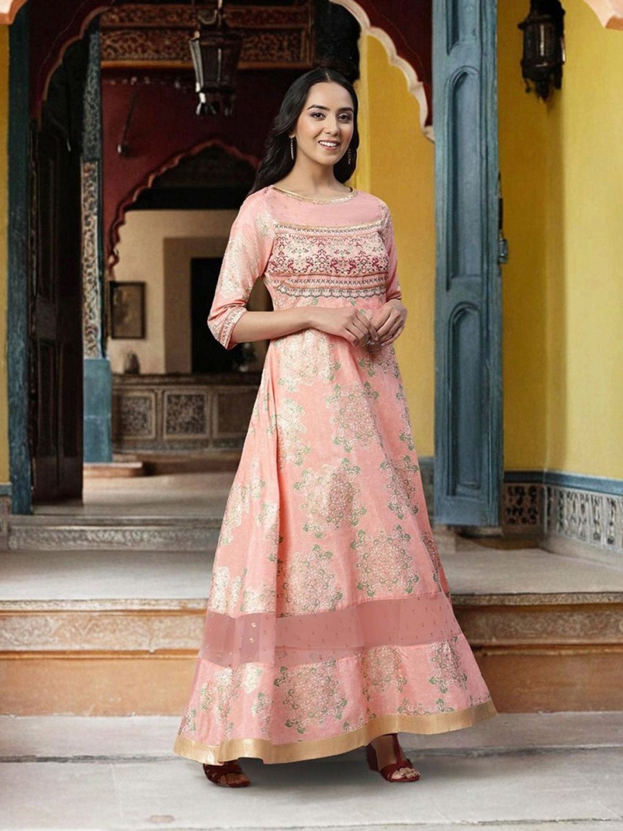 AURELIA Pink Ethnic Motifs Satin Maxi Dress - Distacart