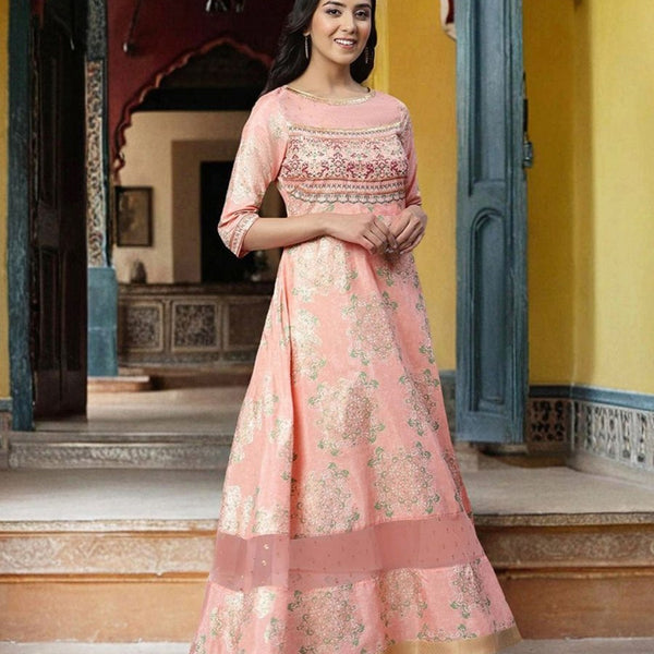 AURELIA Pink Ethnic Motifs Satin Maxi Dress - Distacart