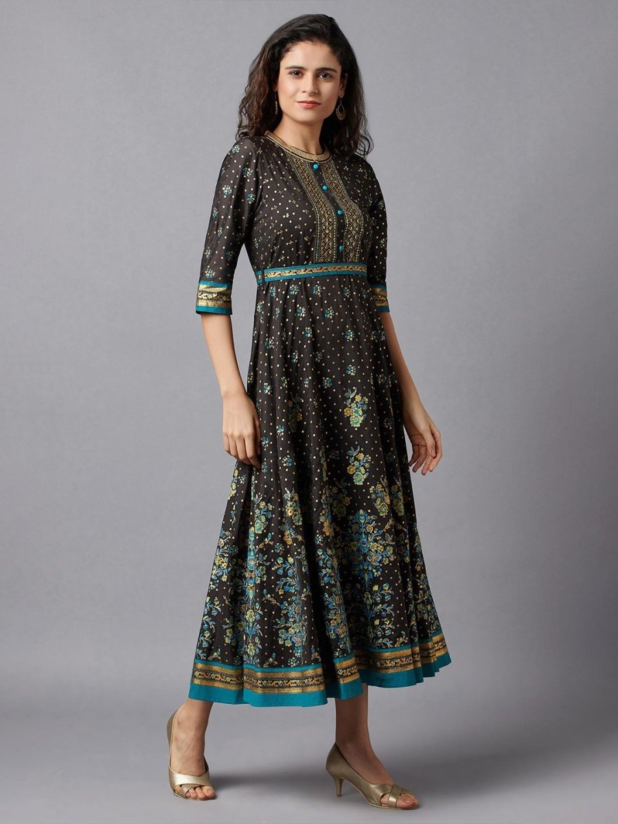 AURELIA Women Black & Gold-Toned Embellished A-Line Midi Dress
