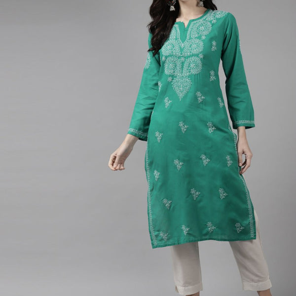 ADA Women Green & White Ethnic Motifs Hand Embroidered Chikankari Handloom Kurta - Distacart