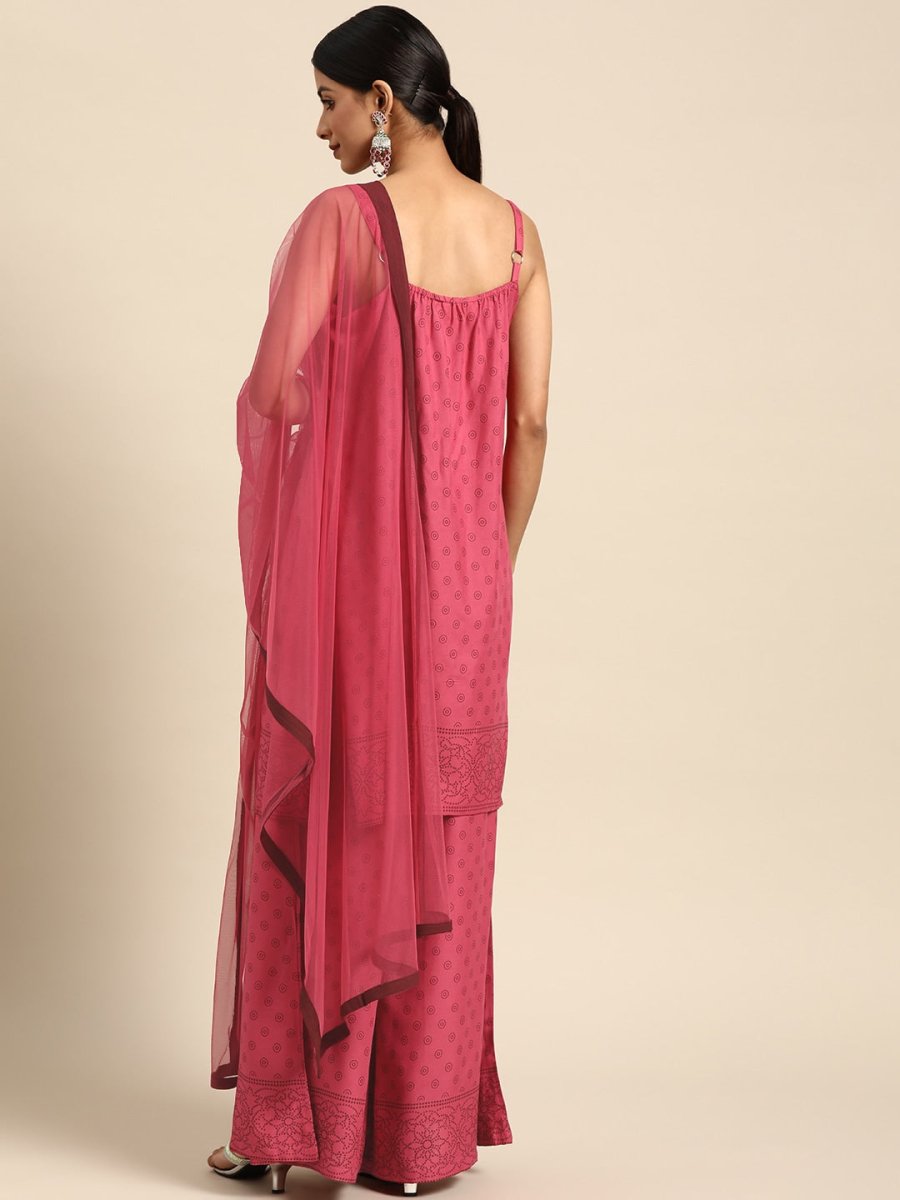 All About You Women Pink Printed Kurta with Palazzos & Dupatta - Distacart