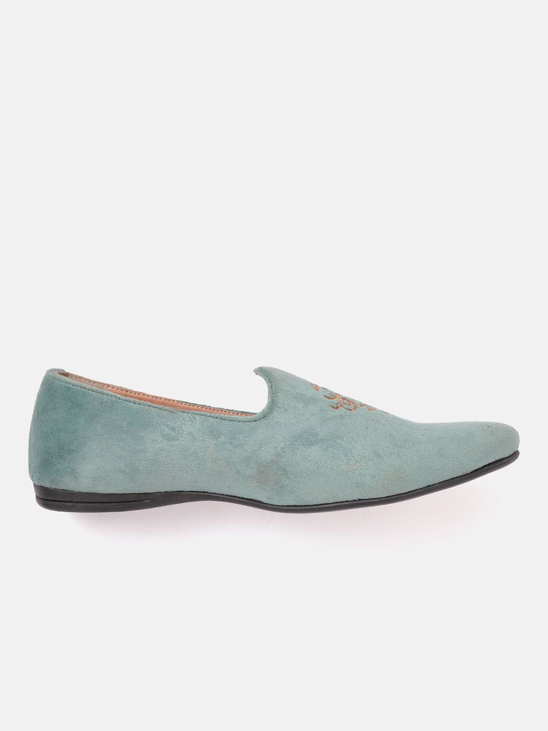 House of Pataudi Men Mint Green & Beige Embroidered Handcrafted Slip-Ons