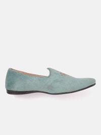 Thumbnail for House of Pataudi Men Mint Green & Beige Embroidered Handcrafted Slip-Ons