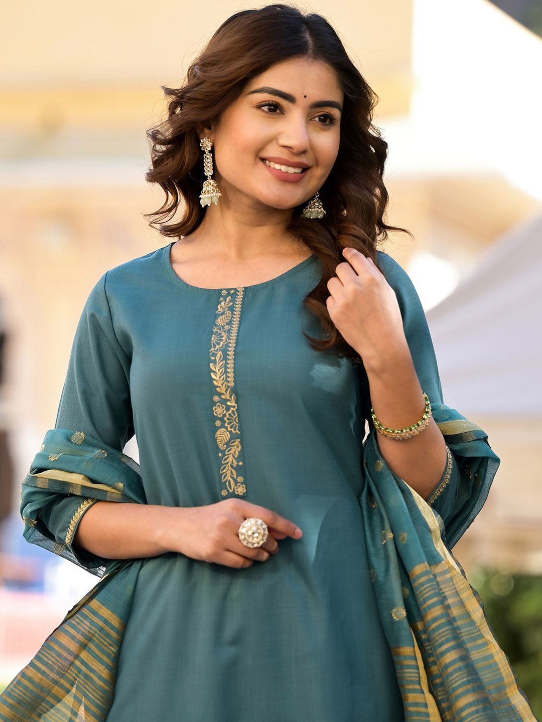 Vishudh Turquoise Blue Floral Yoke Design Straight Kurta & Trousers With Dupatta - Distacart