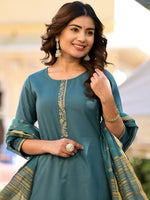 Thumbnail for Vishudh Turquoise Blue Floral Yoke Design Straight Kurta & Trousers With Dupatta